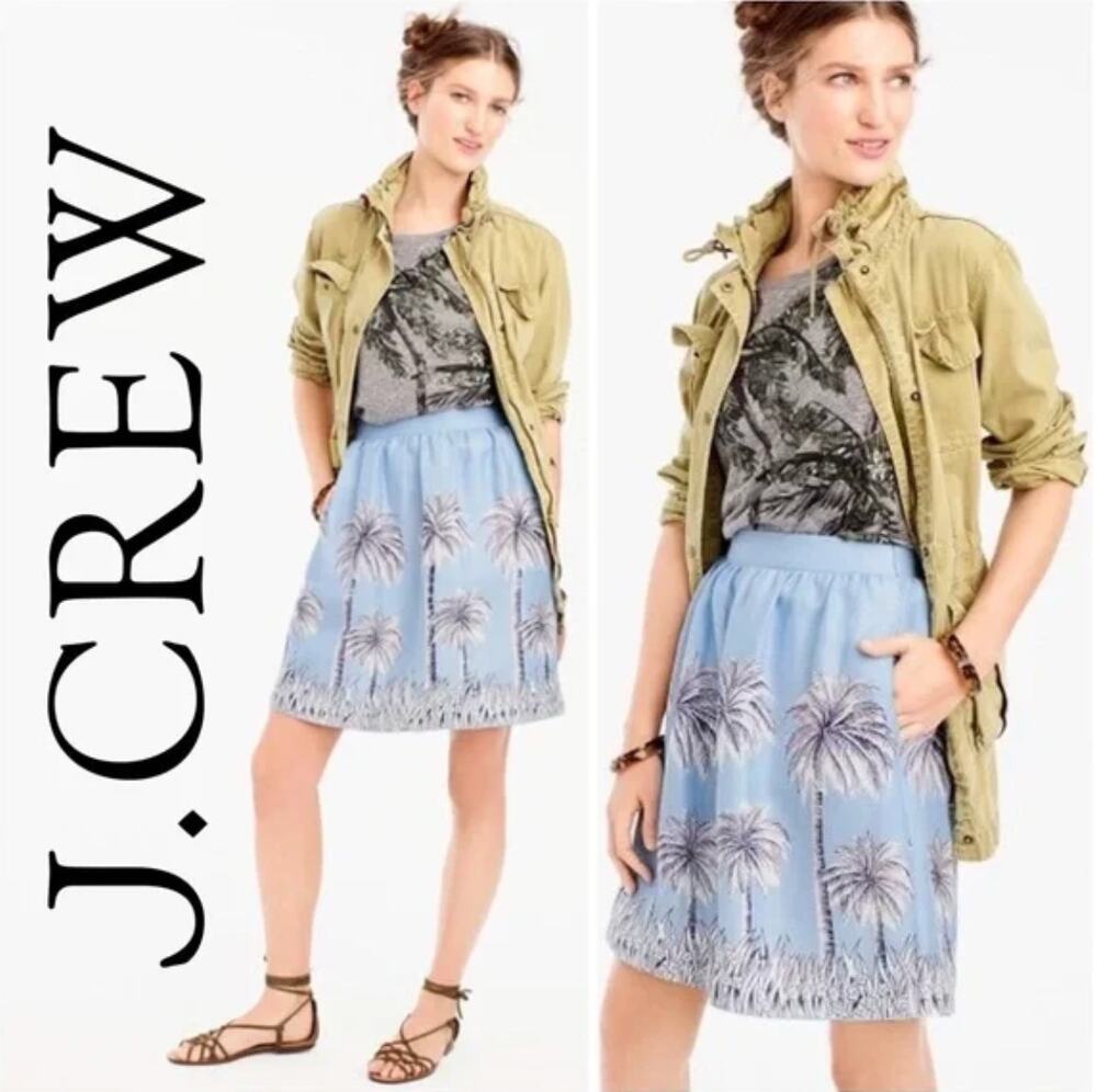J. Crew Pure Linen Palm Paradise Skirt Blue G4616 Size 4
